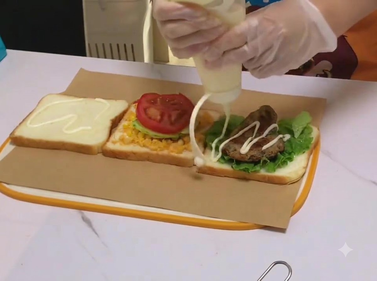 Crema dinsalata bianca fatta scorrere da un flacone dosatore su una cotoletta di pollo adagiata sul pane.