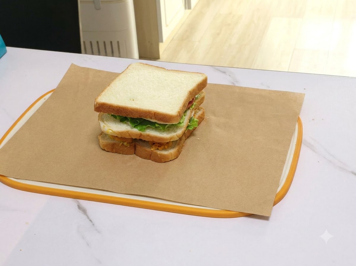 Il panino assemblato posizionato al centro di un foglio di carta da forno marrone pronto per essere piegato.