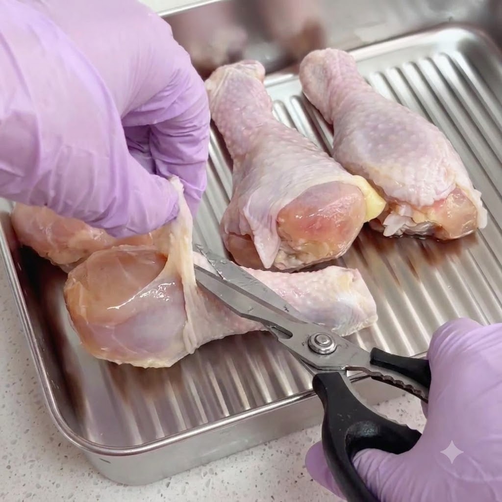 Un paio di forbici da cucina che tagliano il grasso dalle cosce di pollo crude adagiate allinterno di un vassoio di acciaio inossidabile.