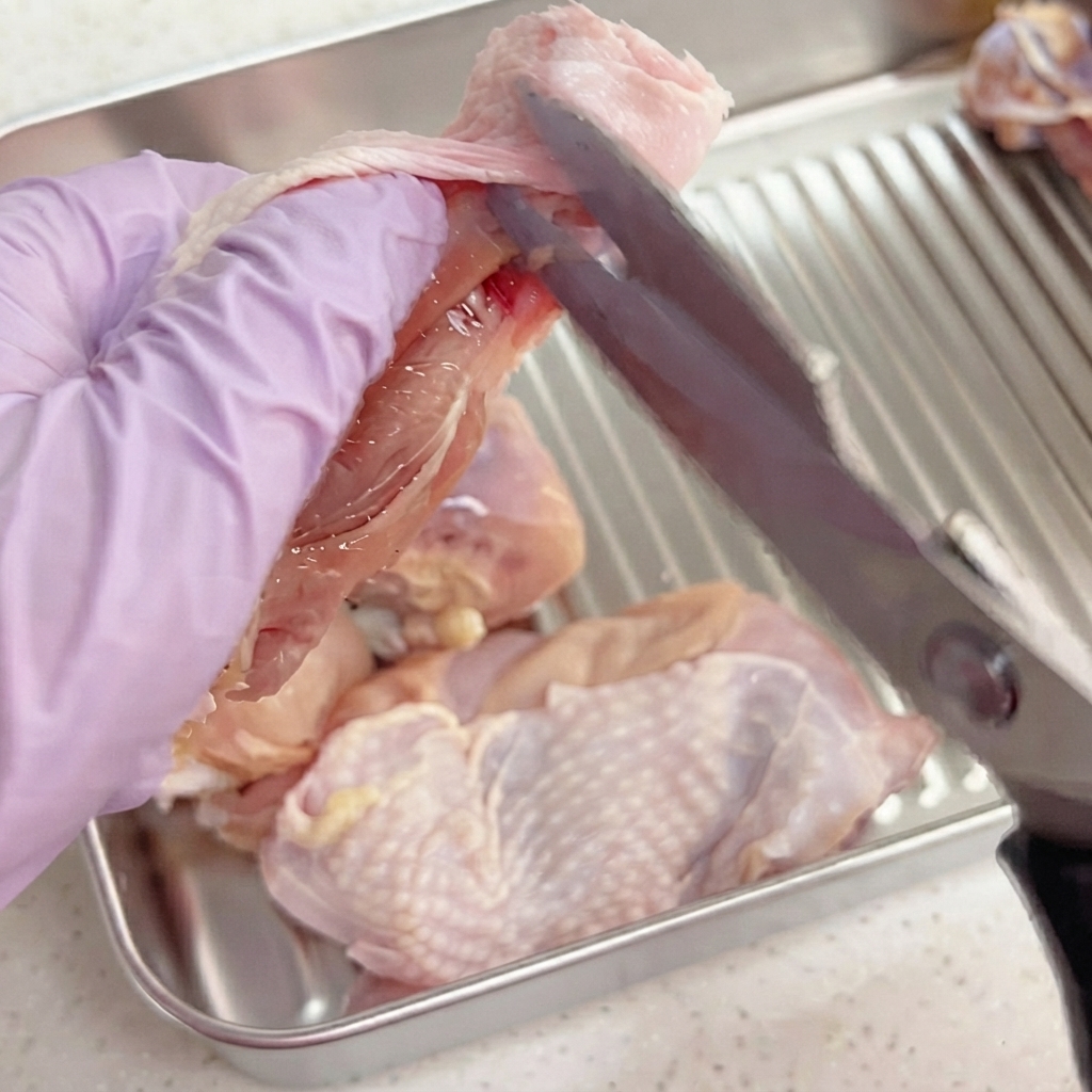 Le forbici da cucina tagliano i tendini e la struttura ossea di una coscia di pollo per rimuovere la carne.