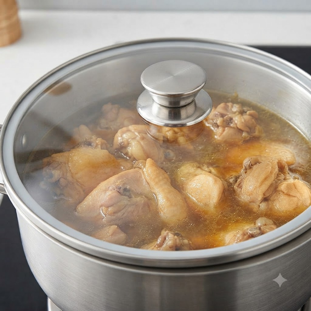 Una pentola in acciaio inossidabile con coperchio in vetro che copre le cosce di pollo in cottura a fuoco lento in un brodo poco profondo.