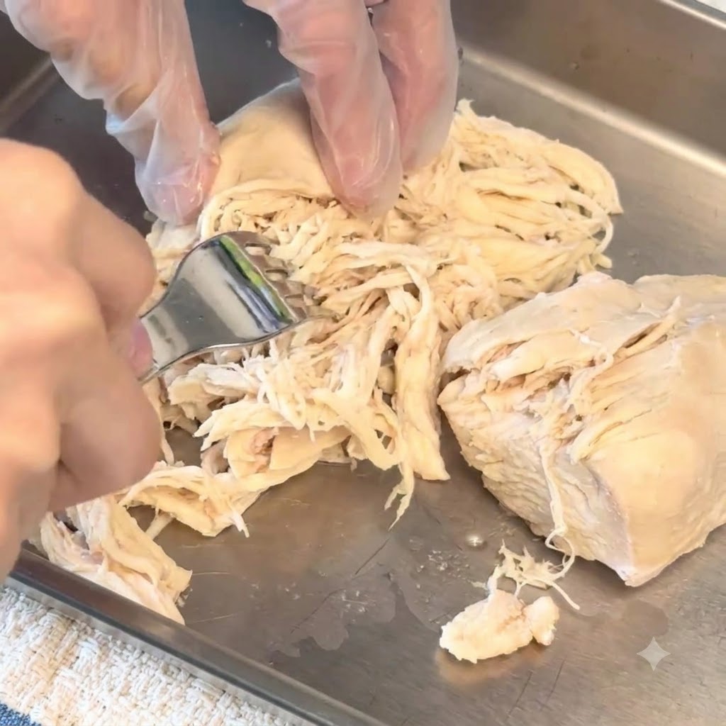 Petto di pollo cotto che viene ridotto in piccoli pezzi su un vassoio usando una forchetta.