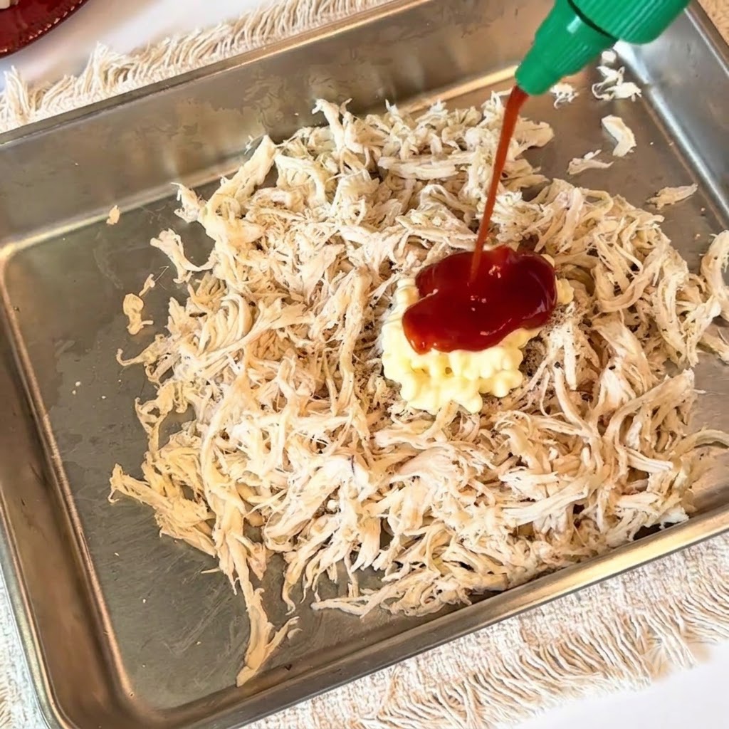 Salsa sriracha e maionese spremute sopra un mucchietto di pollo sfilacciato.