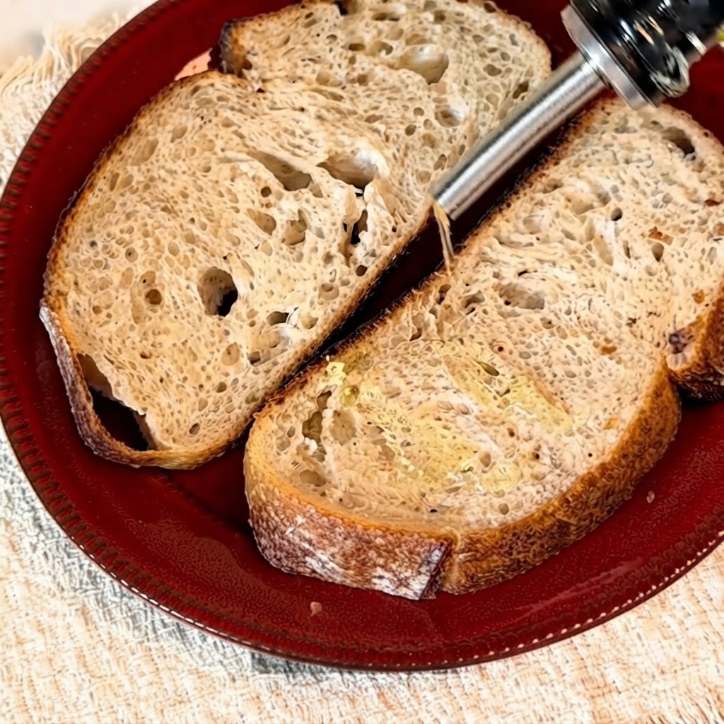 Olio doliva versato da una bottiglia su due fette di pane a lievitazione naturale.
