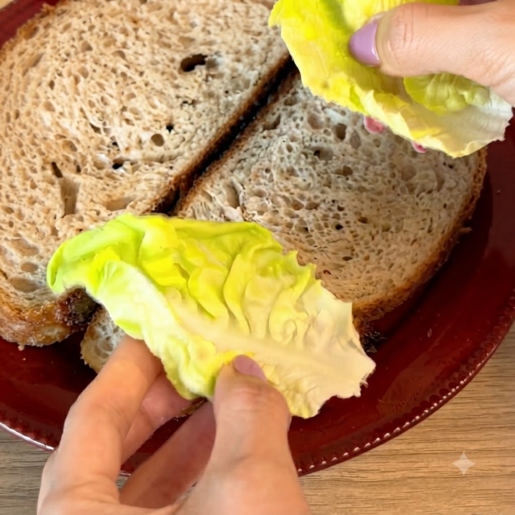 Foglie di insalata verde fresca posizionate sopra una fetta di pane a lievitazione naturale.
