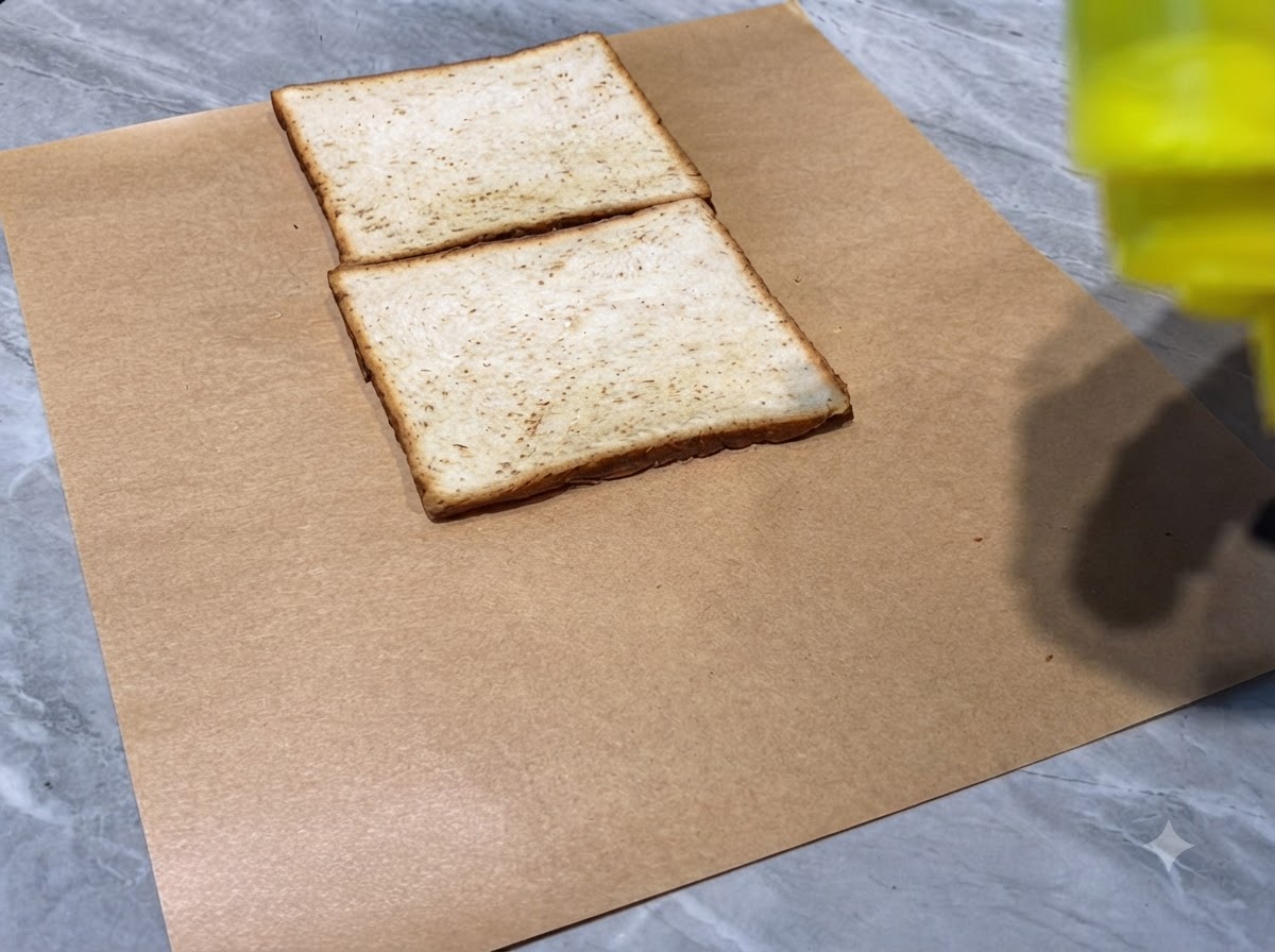 Tre fette di pancarrè disposte una accanto allaltra su carta da pacchi con linee di maionese spremute sopra.