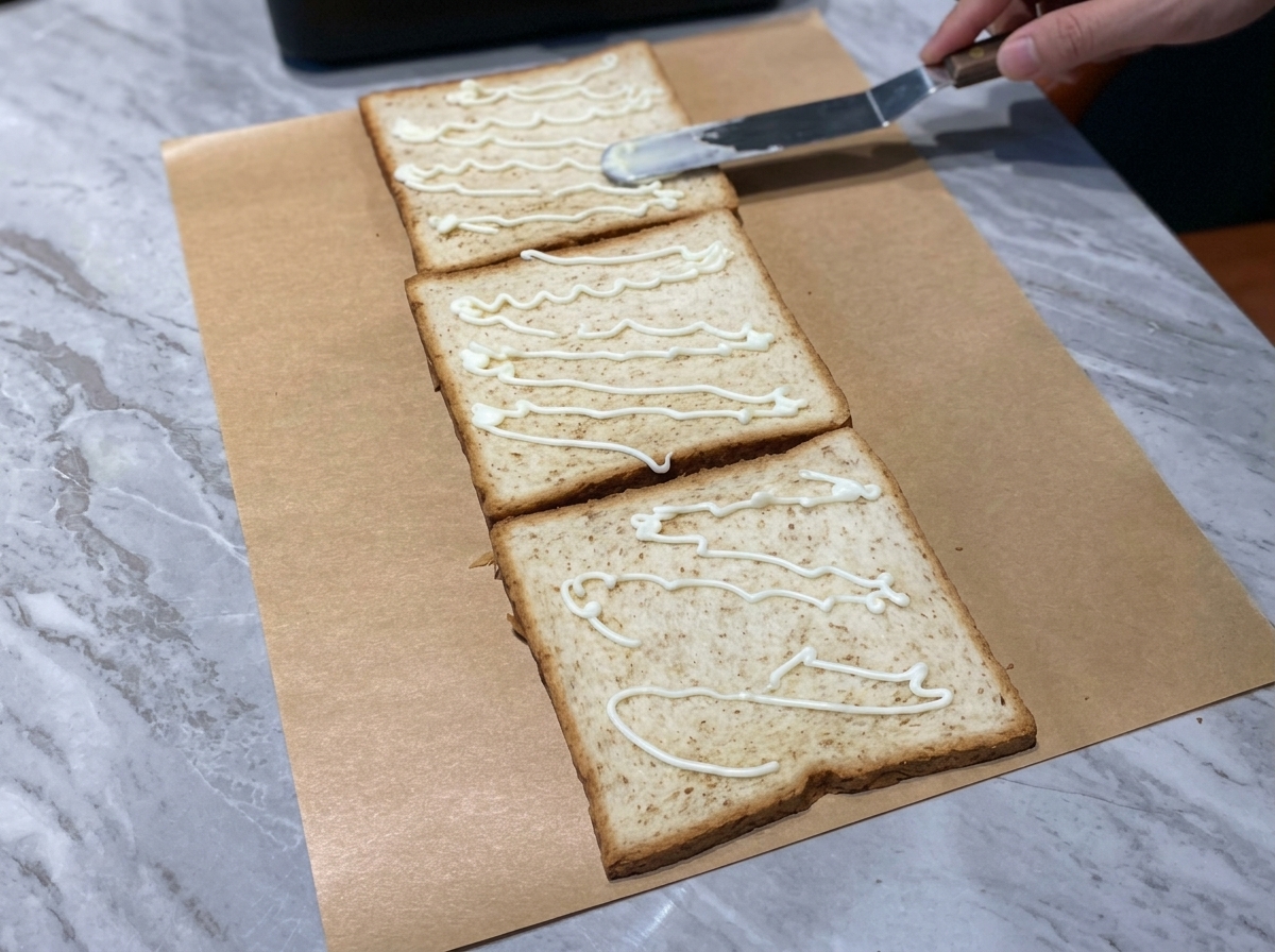 Foglie di lattuga verde fresca disposte sopra la prima fetta di pane con maionese sopra.