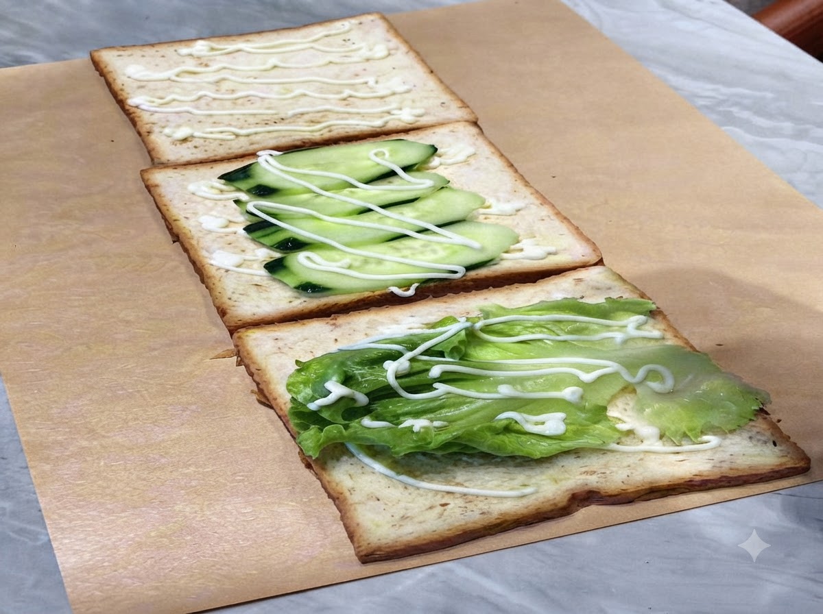 Una fetta di pomodoro e un uovo fritto posizionati sul panino, conditi con maionese.