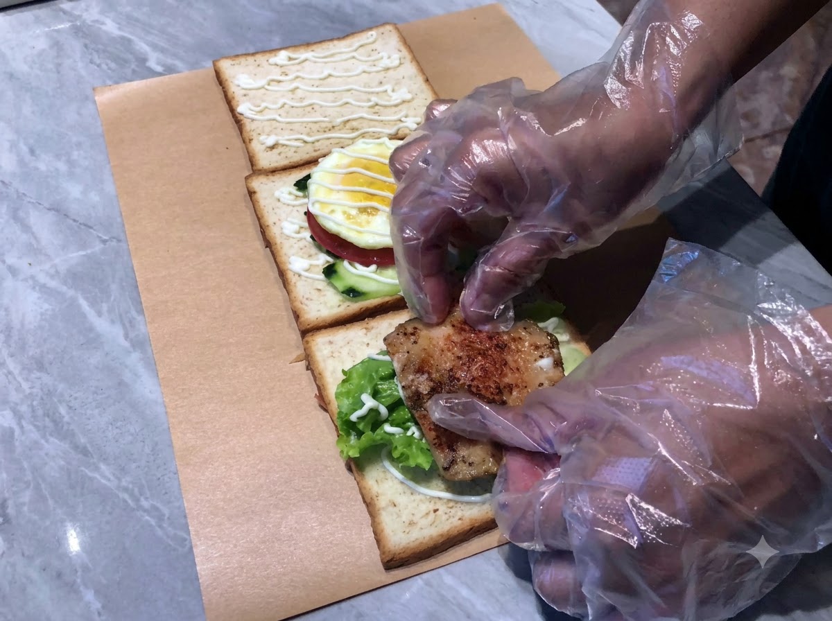 Una cotoletta di pollo e cavolo rosso tritato aggiunti agli strati del panino, con maionese.