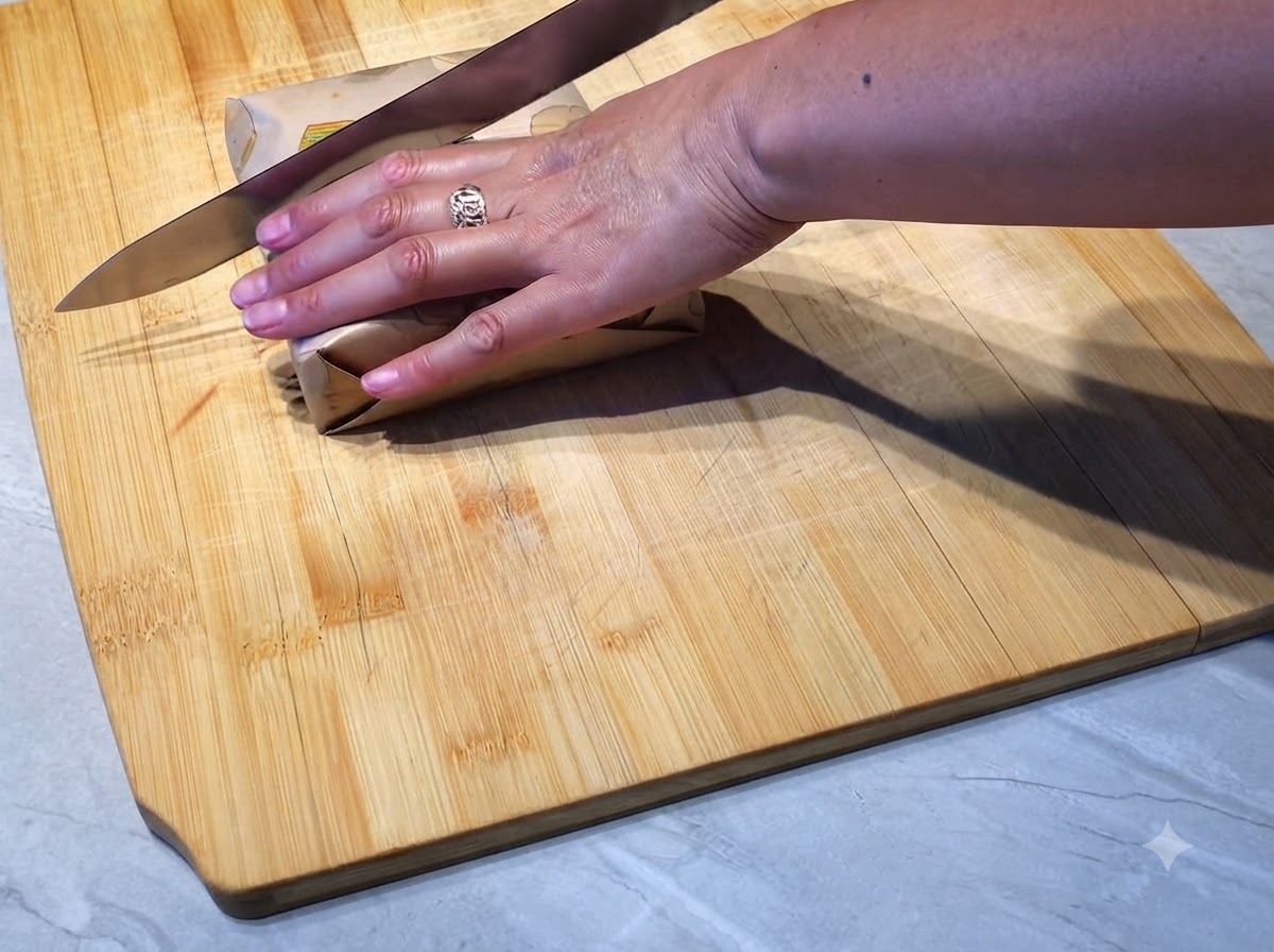 Un coltello da pane seghettato che taglia un panino avvolto nella carta in diagonale a metà su un tagliere di legno.