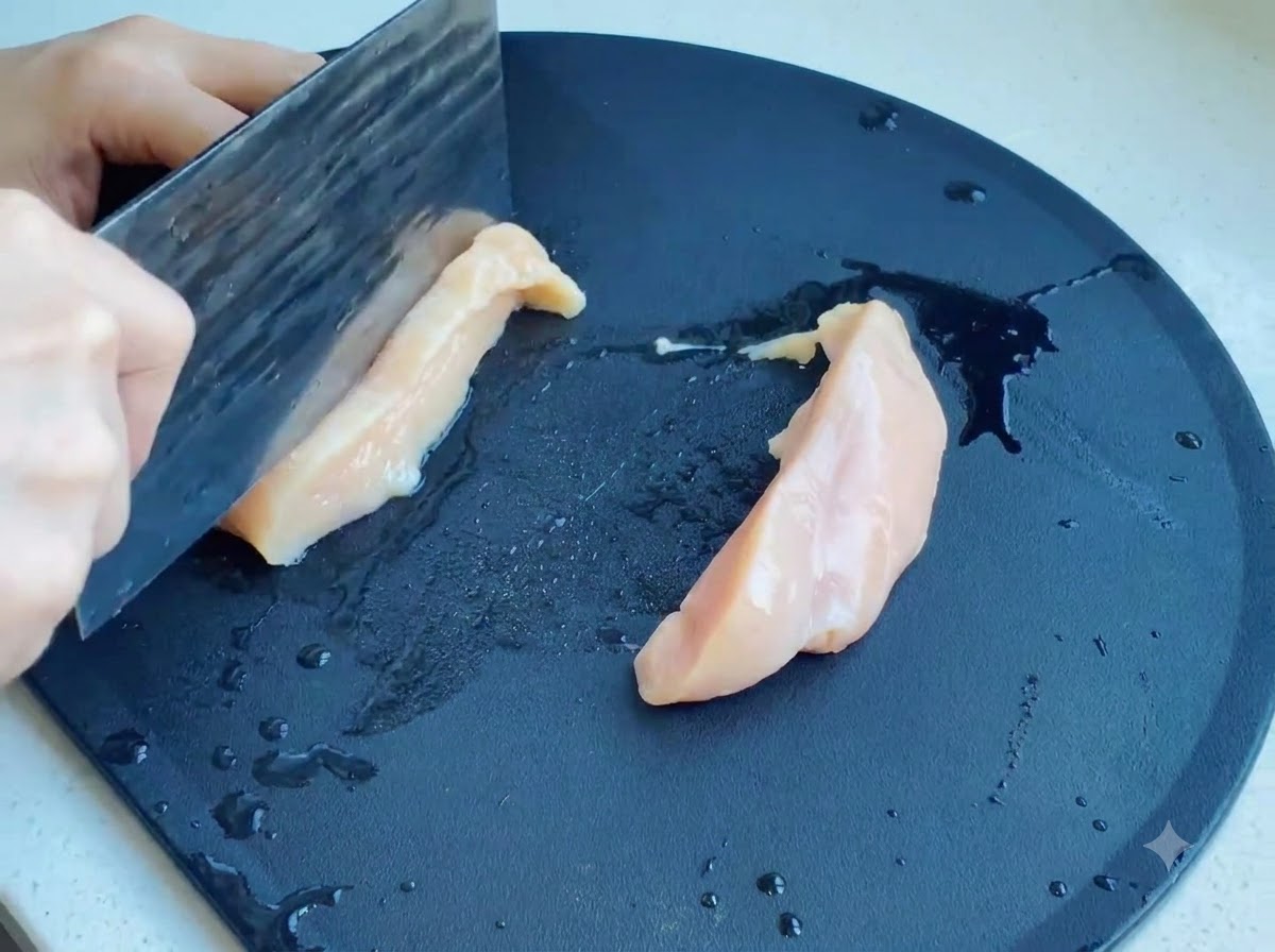 Petto di pollo crudo tagliato con una mannaia su una superficie di taglio scura.