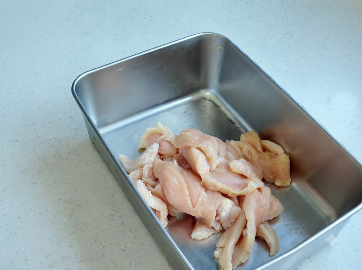 Pollo affettato in un contenitore di metallo con vari condimenti in polvere e salse aggiunti.