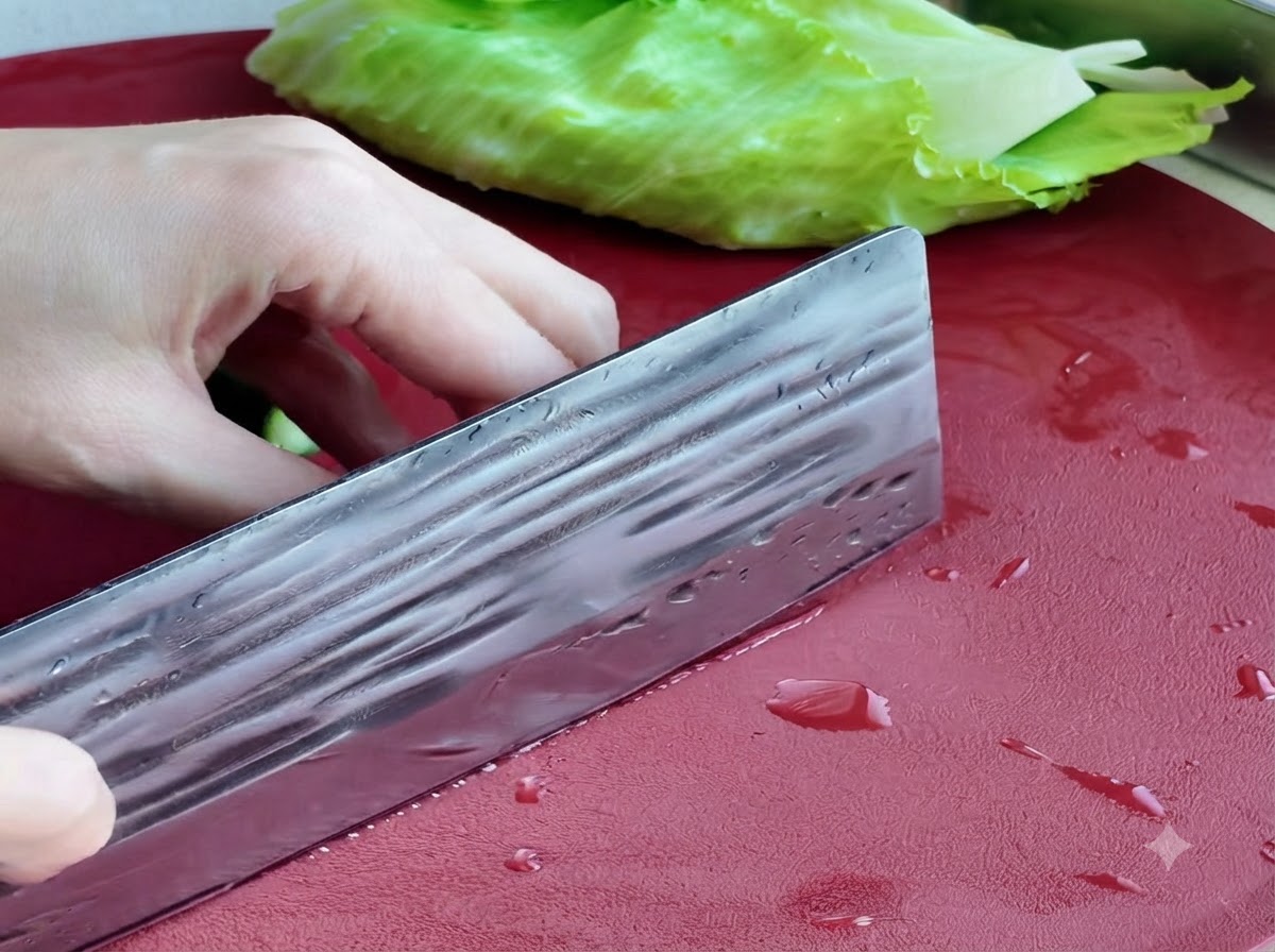 Un cetriolo che viene affettato su un tagliere rosso con della lattuga sullo sfondo.