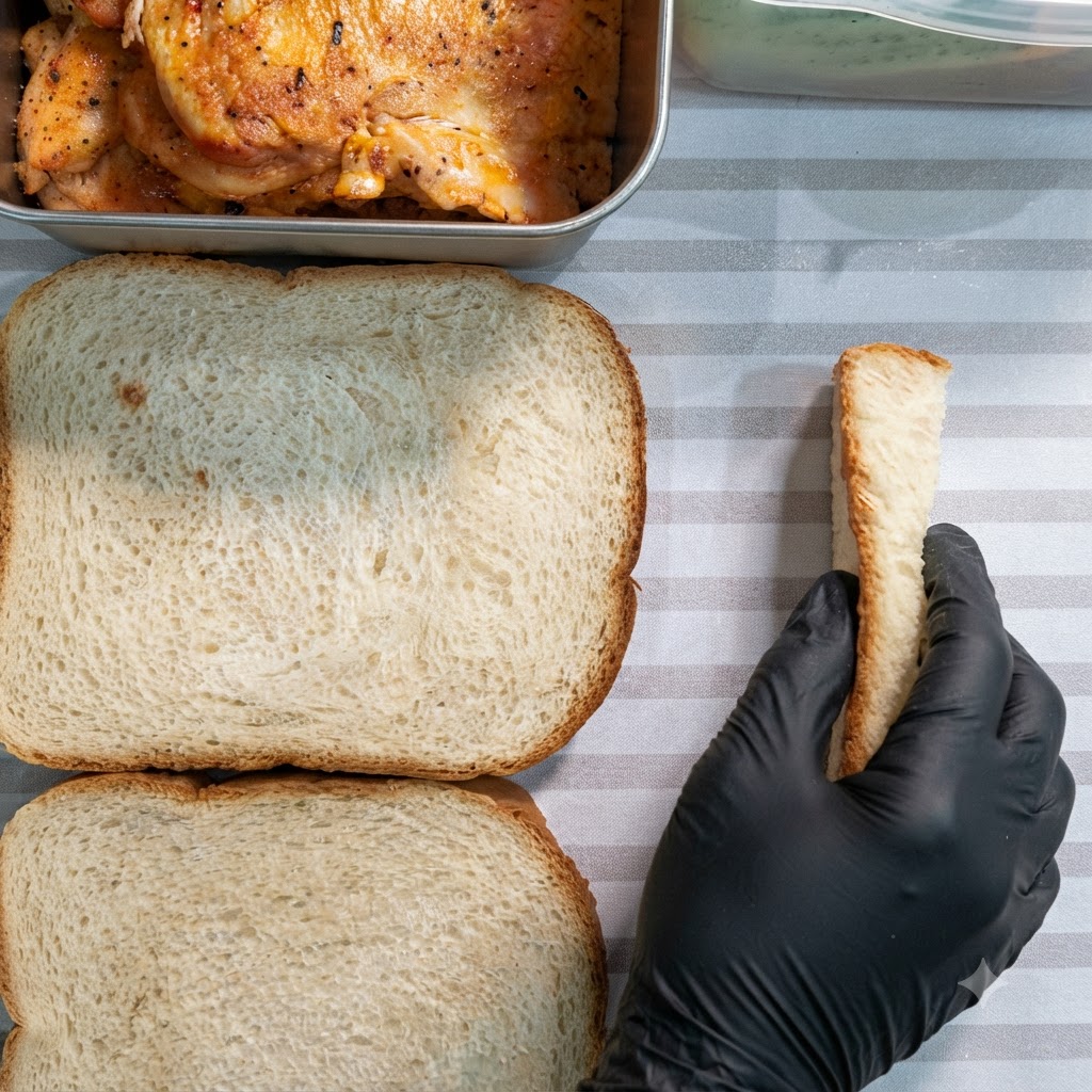 Quattro fette di pane in cassetta bianco disposte a forma di quadrato su una superficie a righe.
