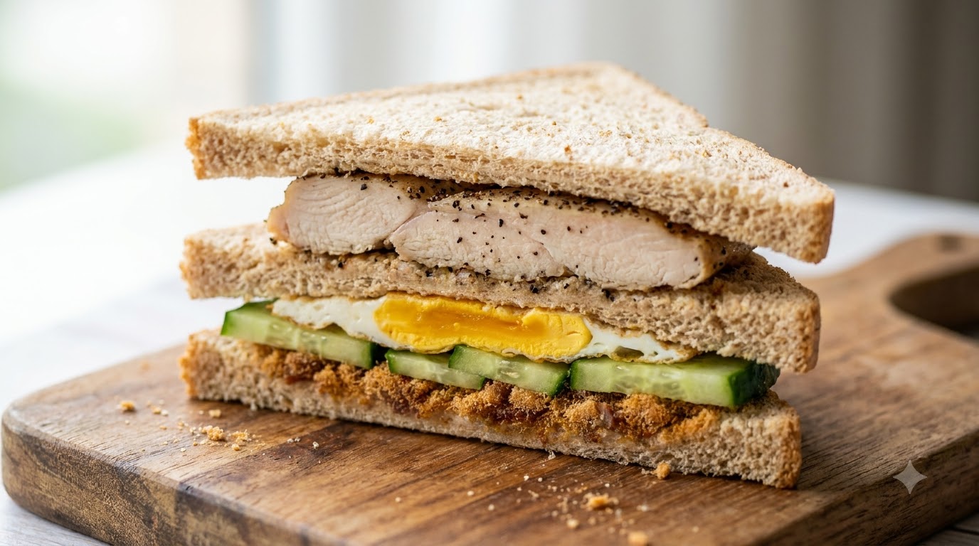Primo piano di un panino con pollo al pepe nero tagliato a metà, che rivela strati di pollo, uovo, cetriolo e floss di maiale sminuzzato.