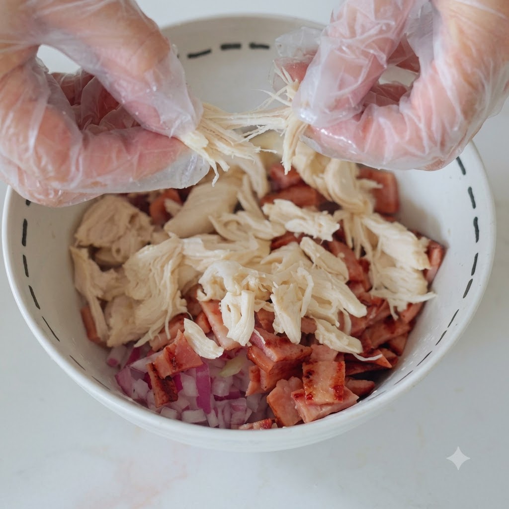 Petto di pollo cotto tirato e sfilacciato a mano allinterno di una ciotola.