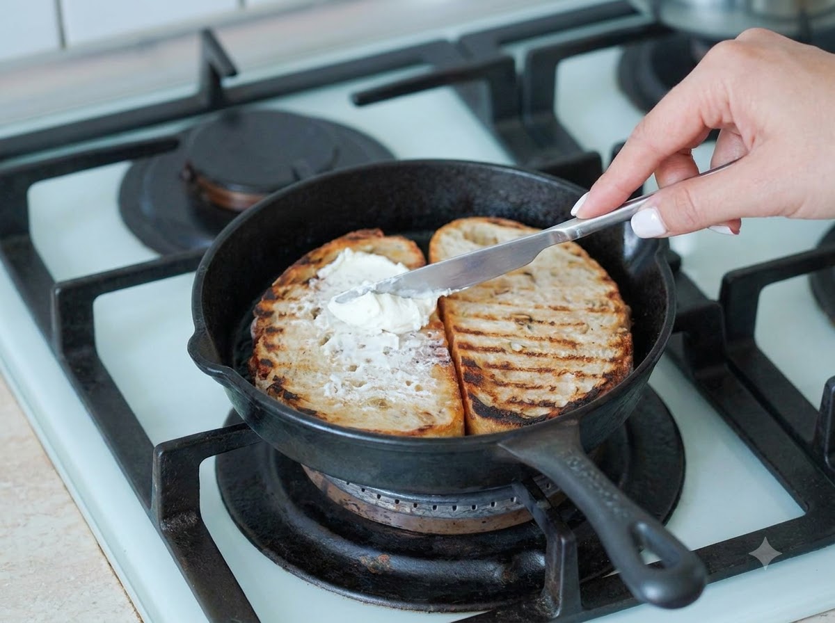 Formaggio spalmabile allaglio spalmato uniformemente su una fette di pane cafone tostato in una padella di ghisa.