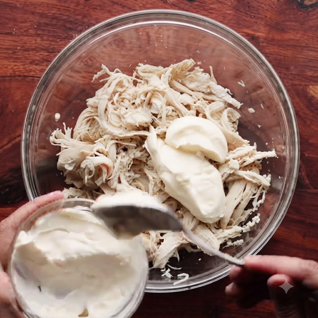 Maionese che viene versata con un cucchiaio in una ciotola di vetro piena di pollo sminuzzato.