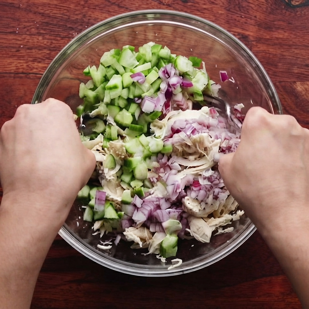 Due mani che usano le forchette per mescolare pollo, cetriolo, cipolla e maionese allinterno di una ciotola di vetro.