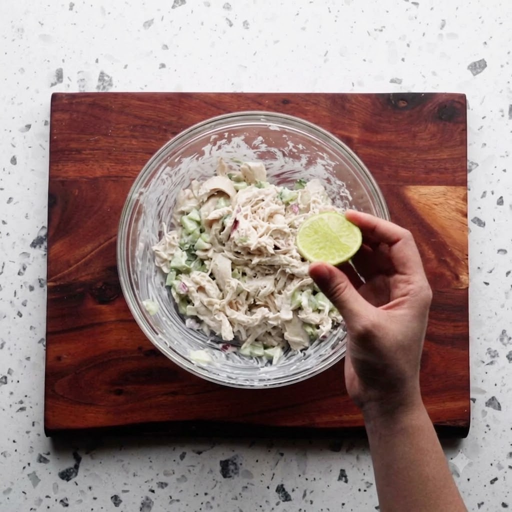 Una mano che tiene una metà di lime fresco sopra la ciotola di insalata di pollo mista.