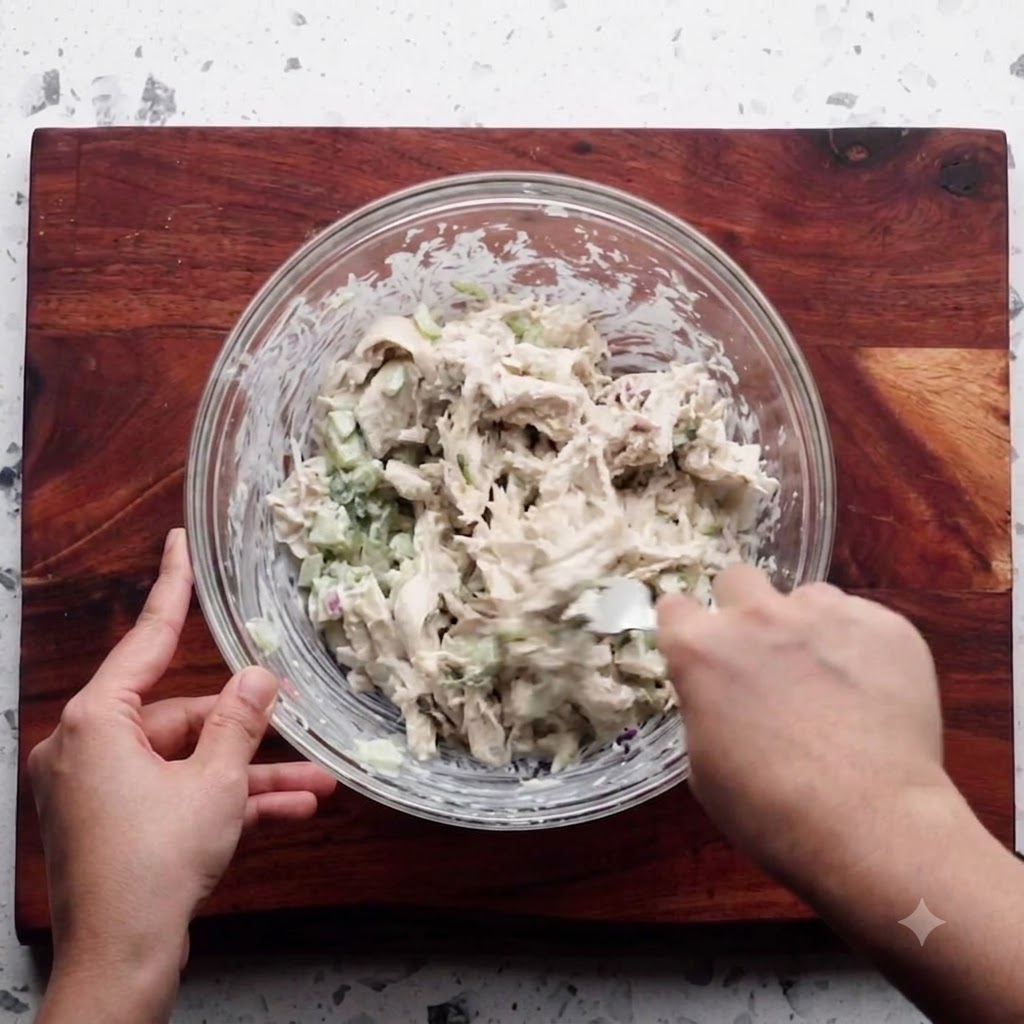 Una ciotola di vetro trasparente riempita con un composto cremoso di insalata di pollo e verdure mentre viene mescolata con una forchetta.