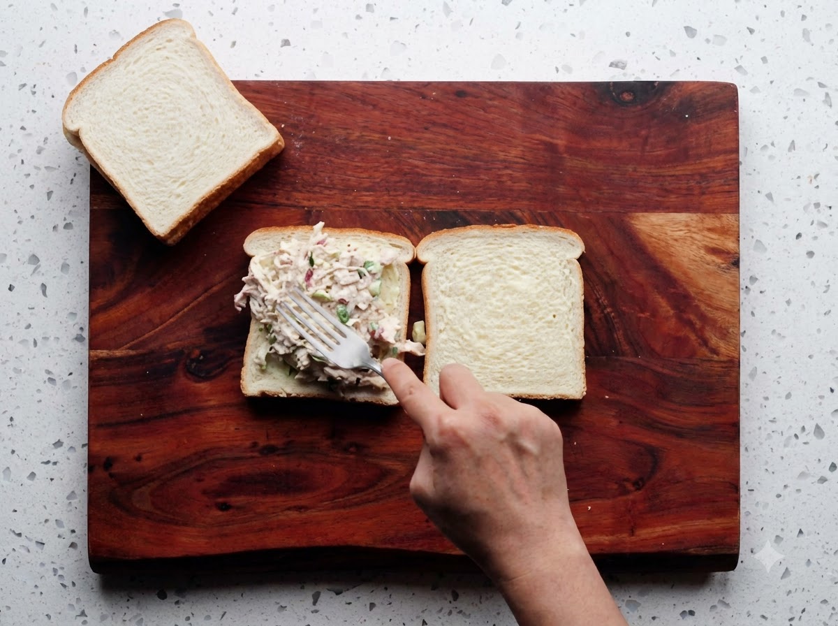 Una forchetta che posiziona la farcitura di insalata di pollo su una fetta di pane bianco imburrata su un tagliere di legno.