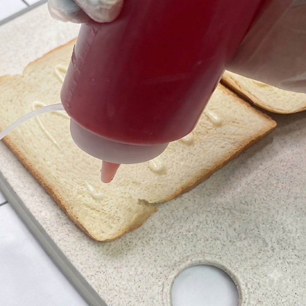 Salsa per insalata e ketchup distribuiti a zig-zag su una fetta di pane in cassetta bianco.