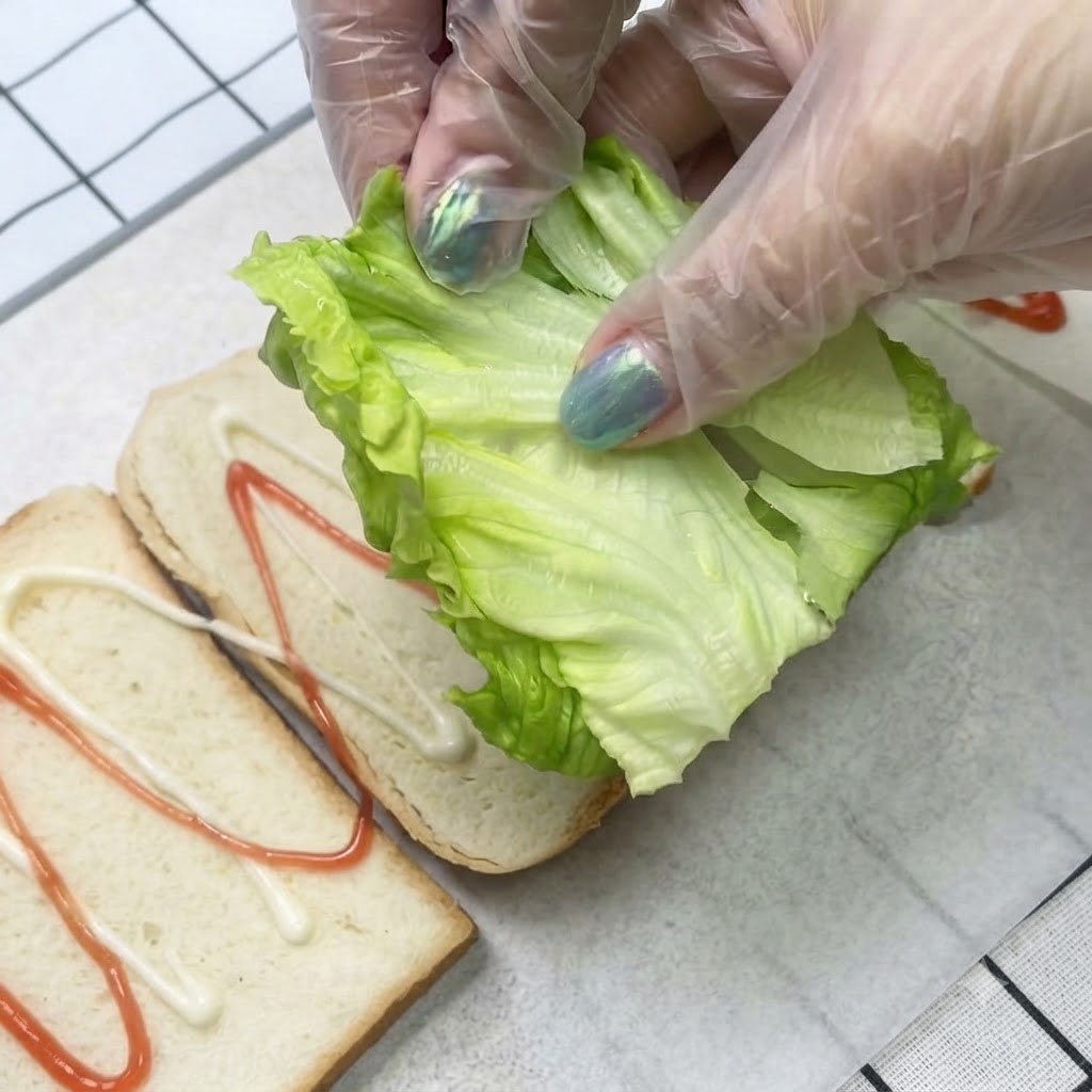 Mani con guanti che posizionano una foglia di lattuga verde fresca su una fetta di pane coperta di salsa.