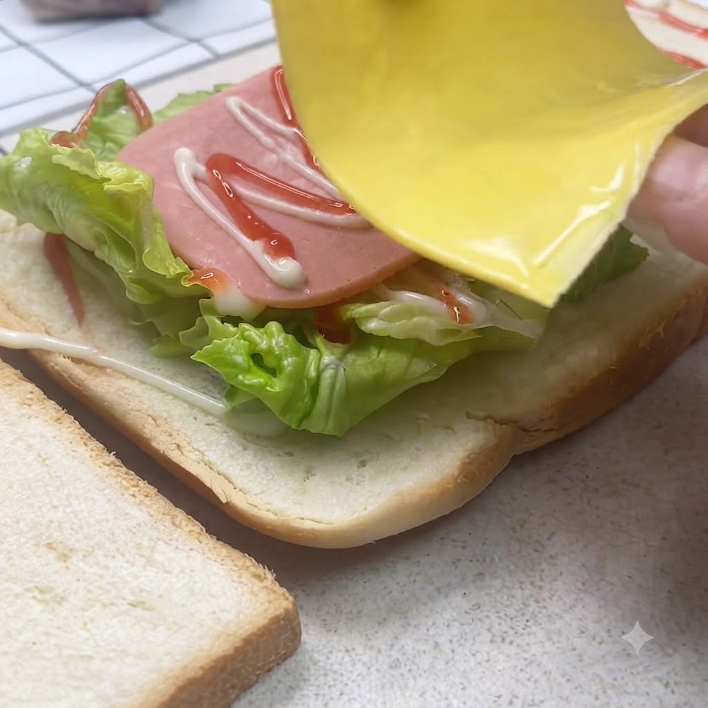 Una fetta di formaggio giallo posizionata sopra il prosciutto su una stazione di assemblaggio con salsa.