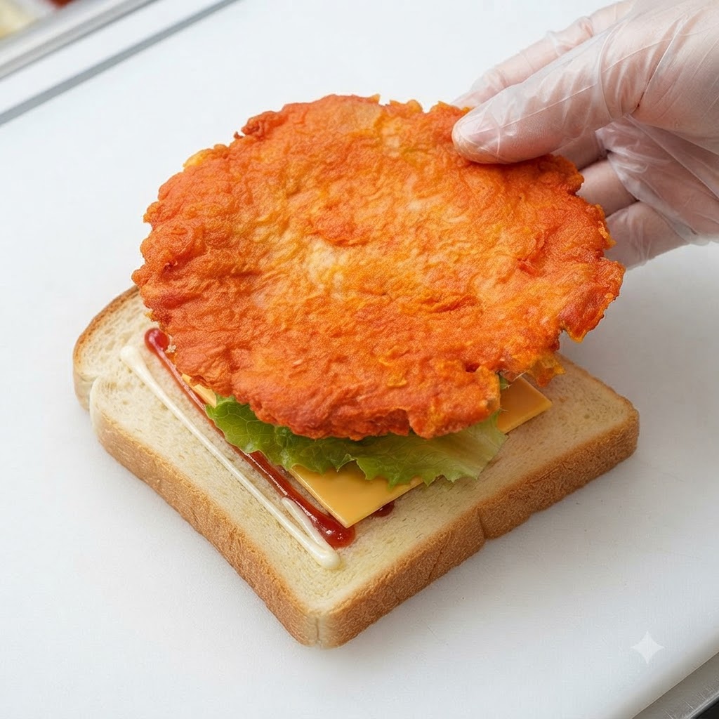 Una cotoletta di pollo aromatizzata allOrléans posizionata sopra una fetta di formaggio giallo e il pane.