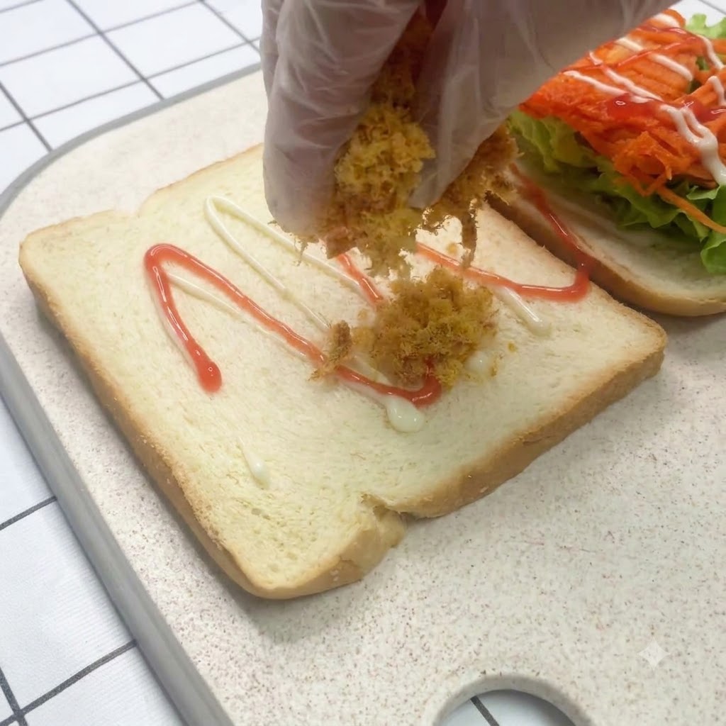 Floss di maiale cosparso uniformemente su una fetta di pane bianco coperta di salsa.