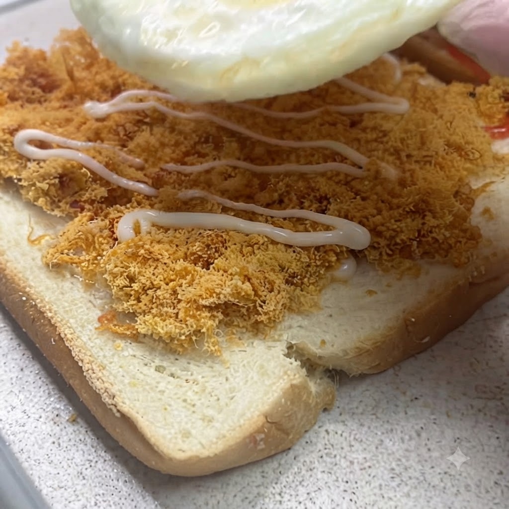 Un uovo fritto calato su uno strato di floss di maiale con condimento gocciolato sul pane.