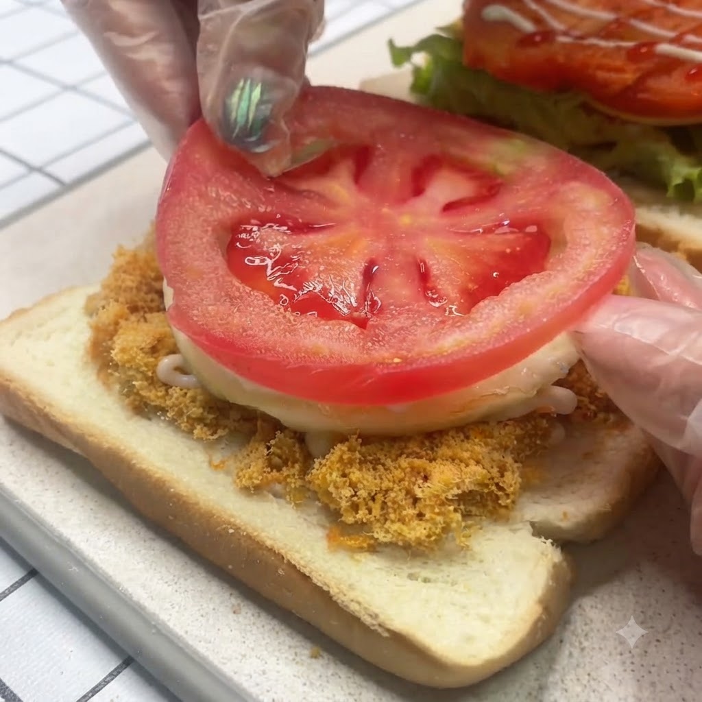 Una fetta di pomodoro fresco posizionata sopra un uovo fritto in una pila di panini.