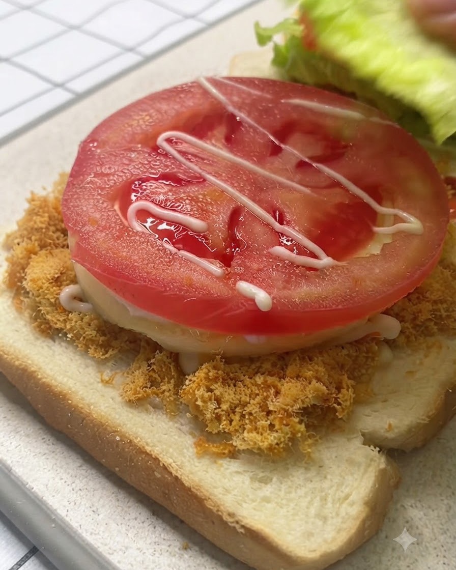 Una foglia di lattuga fresca posizionata sopra una fetta di pomodoro in un panino pronto per essere chiuso.