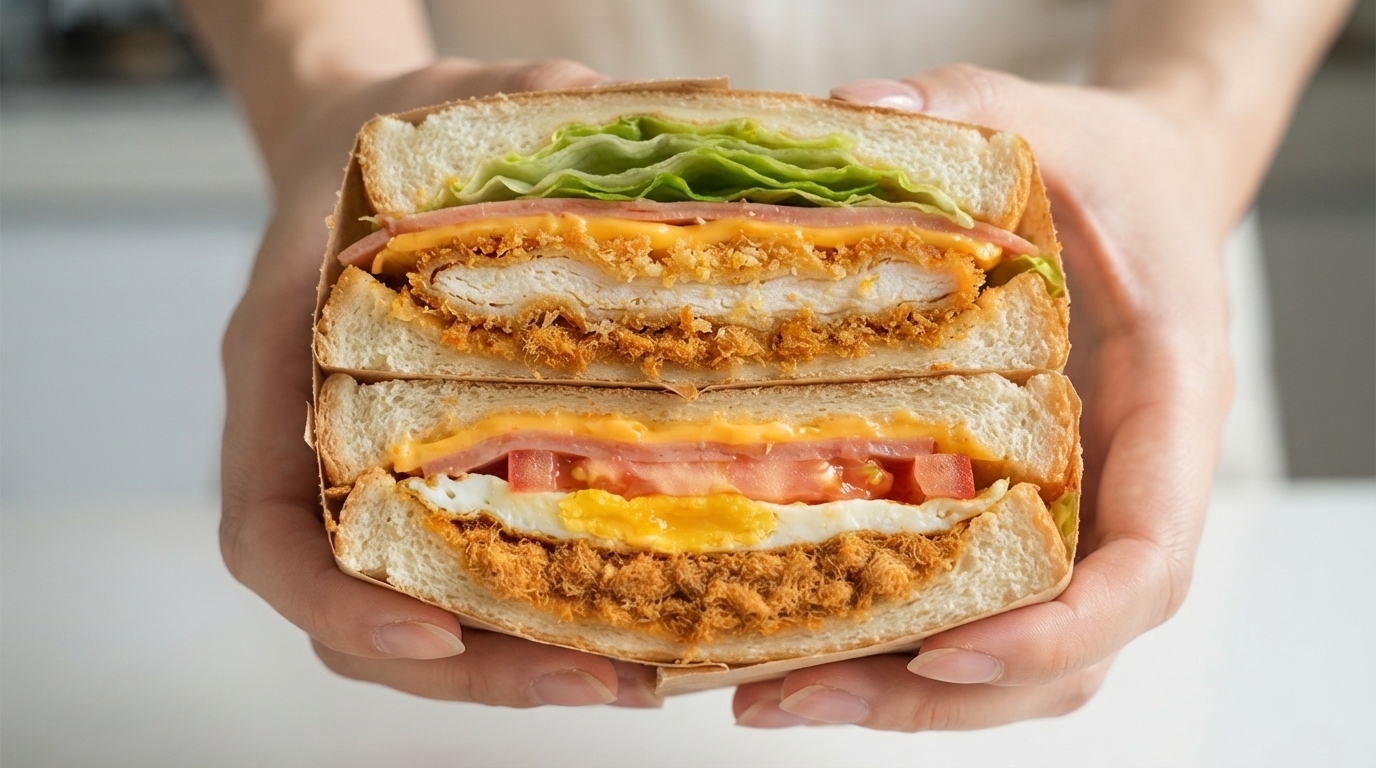 Due metà spesse di un ricco sandwich multistrato che mostrano gli strati colorati di cotoletta di pollo, formaggio, prosciutto, uovo e verdure fresche.
