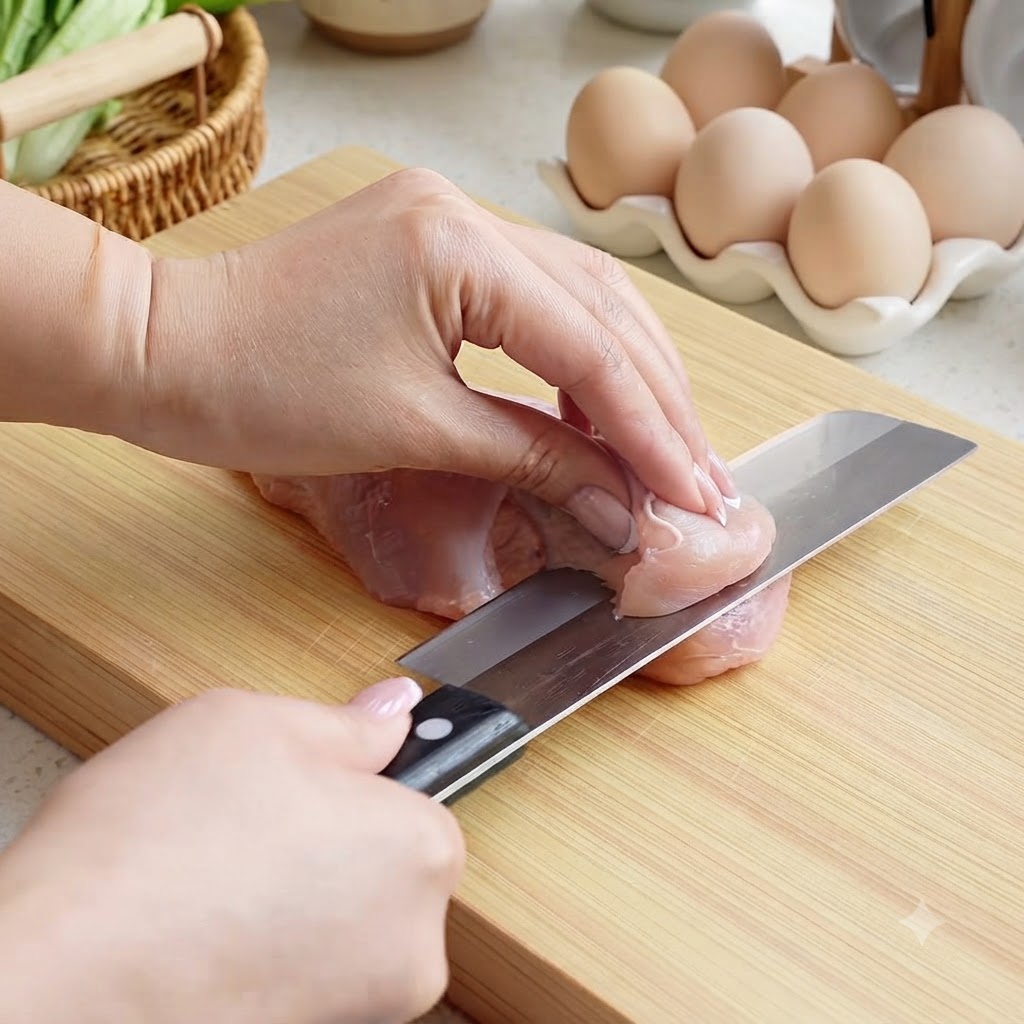 Un coltello affilato che taglia un pezzo di petto di pollo crudo a strisce sottili su un tagliere di legno.