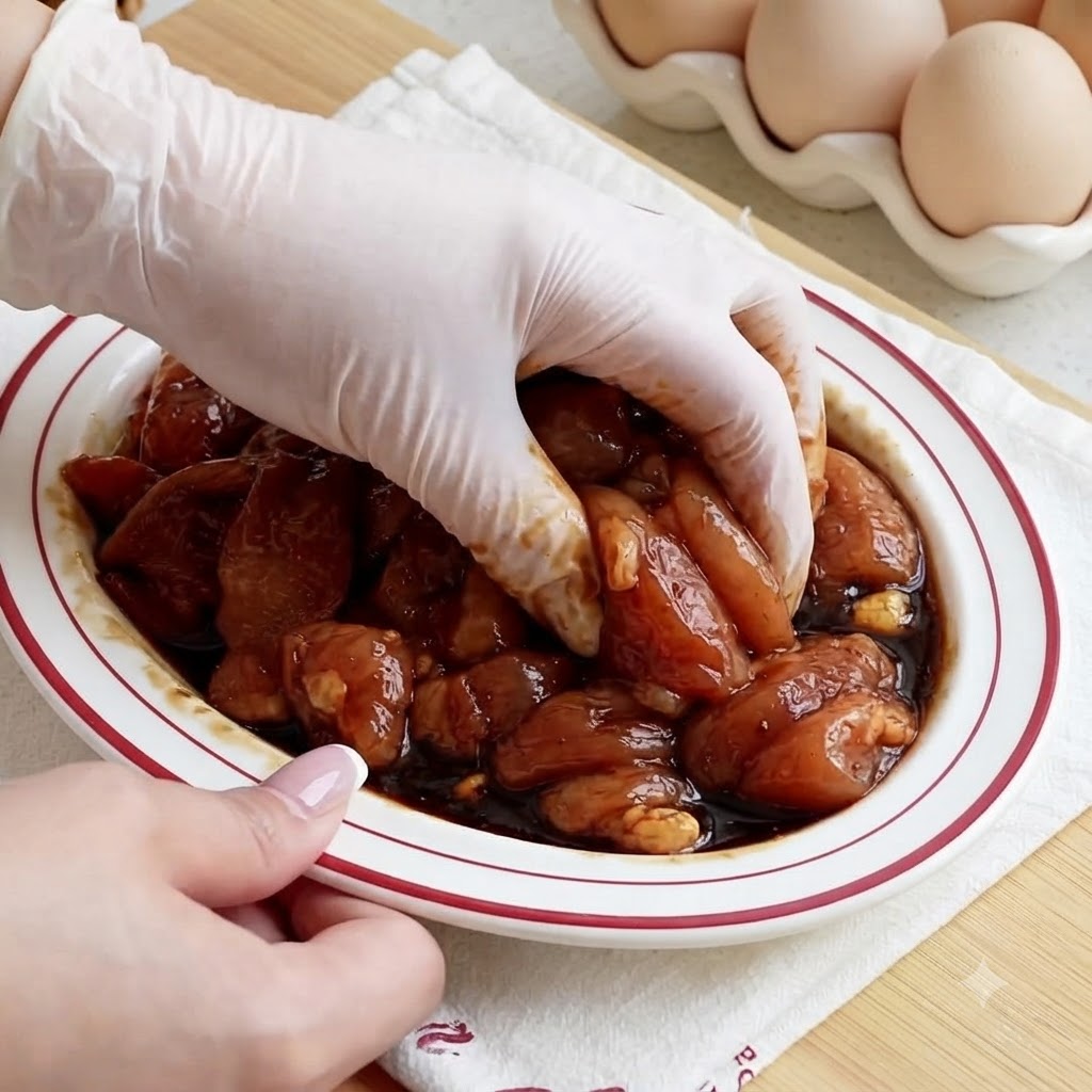 Mani con guanti che mescolano e massaggiano strisce di pollo condite allinterno di un piatto bianco.