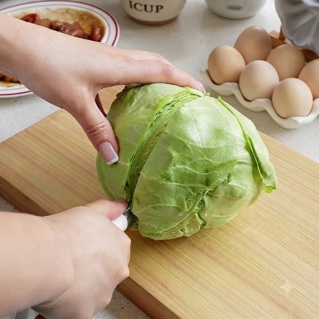 Un cavolo verde tagliato in strisce sottili e delicate su un tagliere di legno.