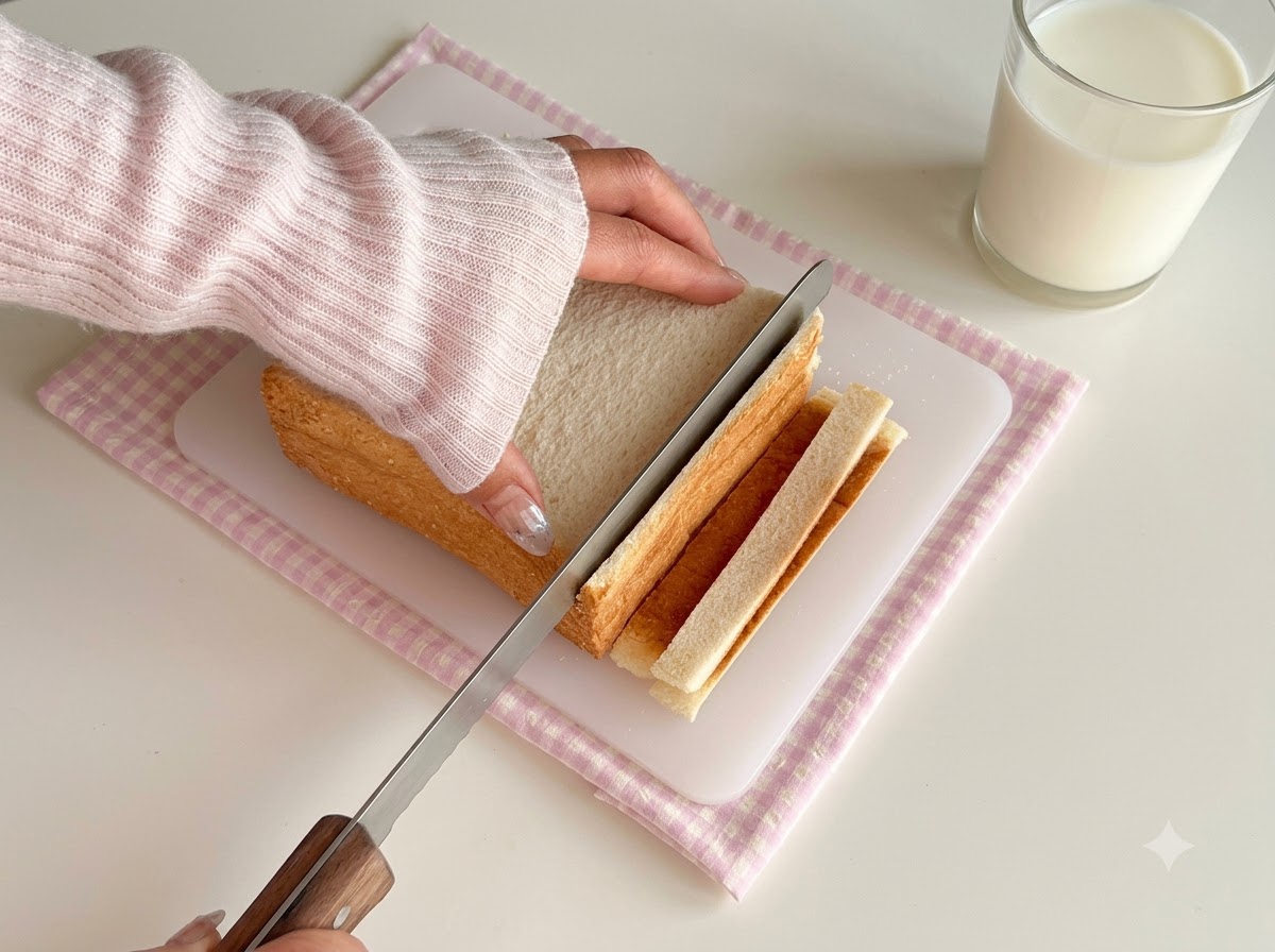Fette di pane bianco tagliate con un coltello su un tagliere.