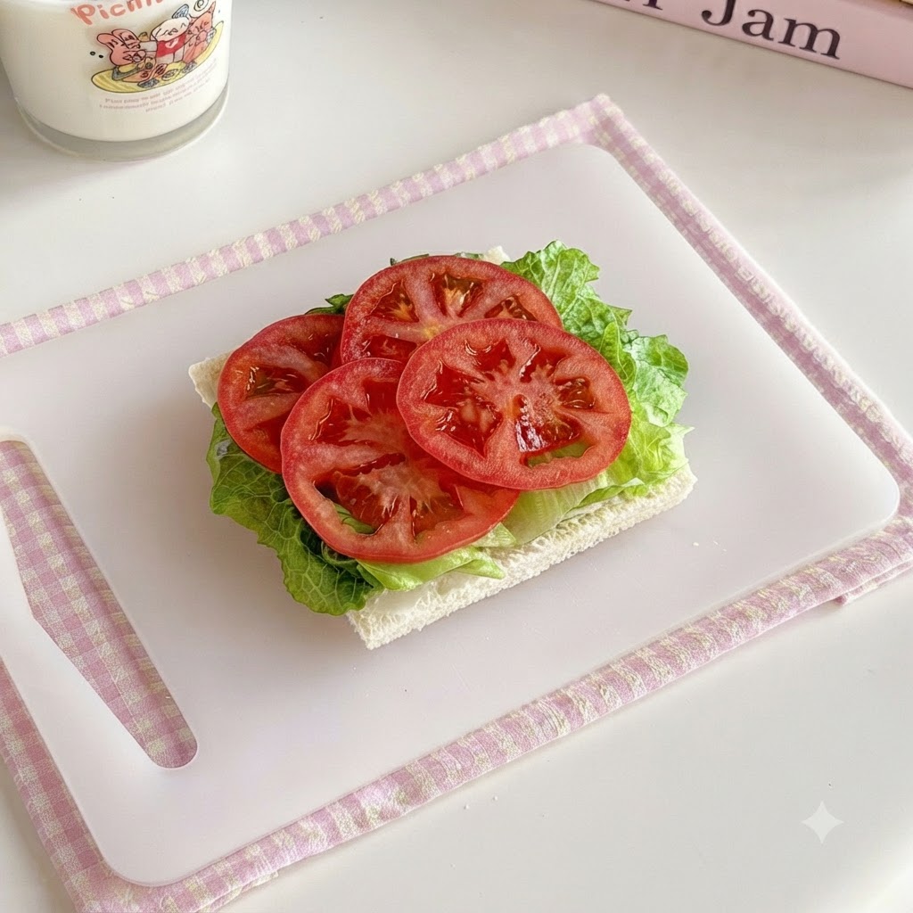 Una fetta di pane posizionata sopra gli strati di verdure.