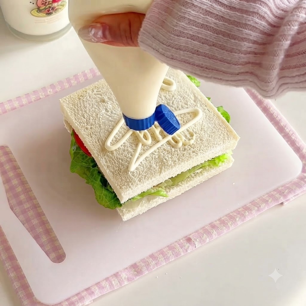 Condimento per insalata spremuto a motivo da un flacone di plastica su una fetta quadrata di pane bianco.