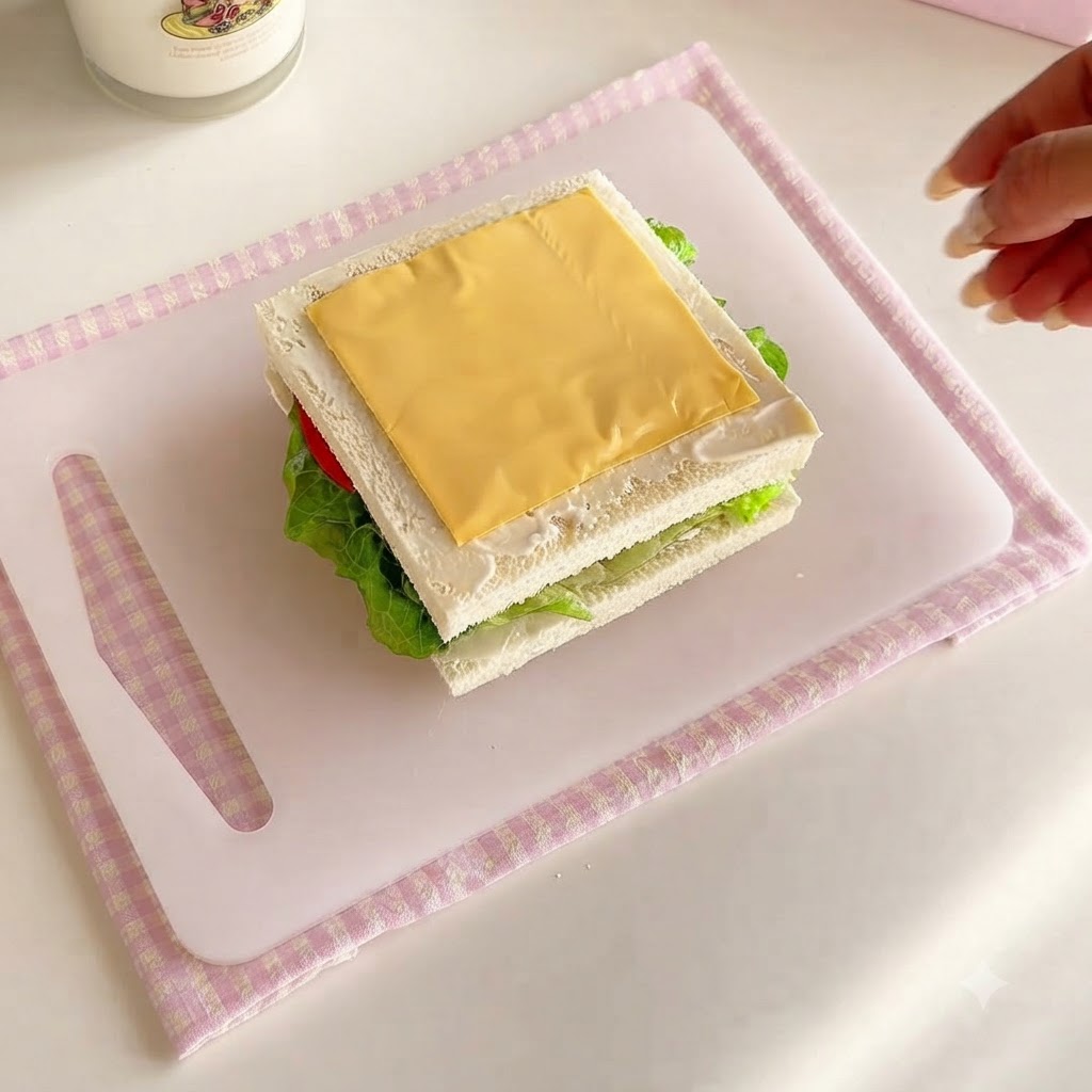 Una fetta quadrata di formaggio giallo appoggiata ordinatamente sopra gli strati assemblati del panino.