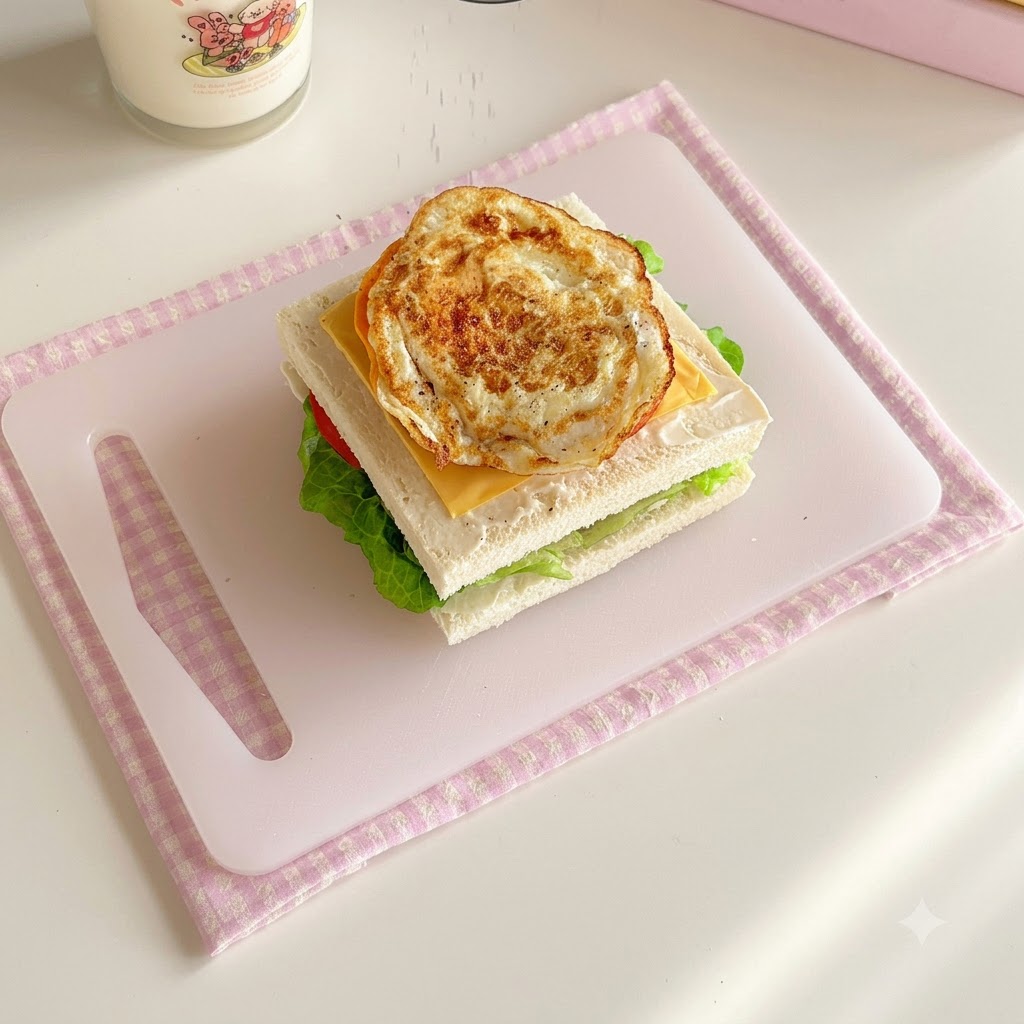 Un uovo fritto adagiato sugli strati del panino con pepe nero macinato fresco cosparso sopra.