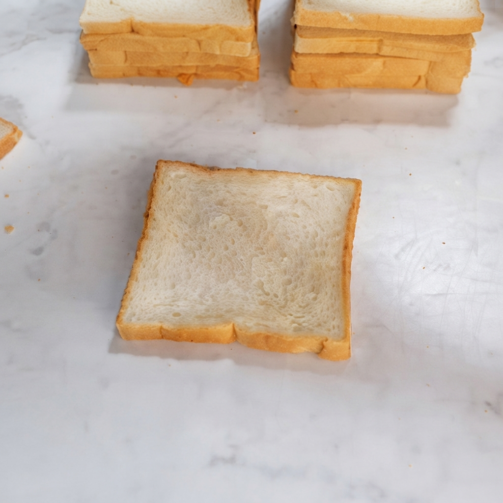 Un primo piano di una fetta di pane bianco con linee a zig-zag di maionese spremuta sopra.