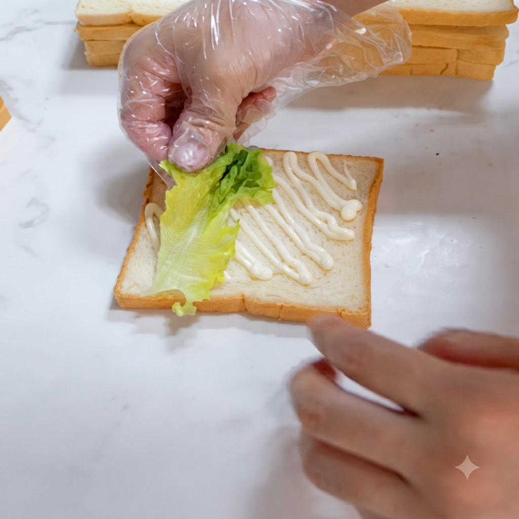 Mani guantate che posizionano con cura una foglia di insalata verde fresca sulla fetta di toast condita.
