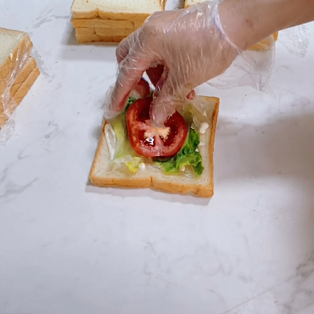 Fette di pomodoro rosso fresco posizionate con cura sopra la lattuga sulla fetta di pane.