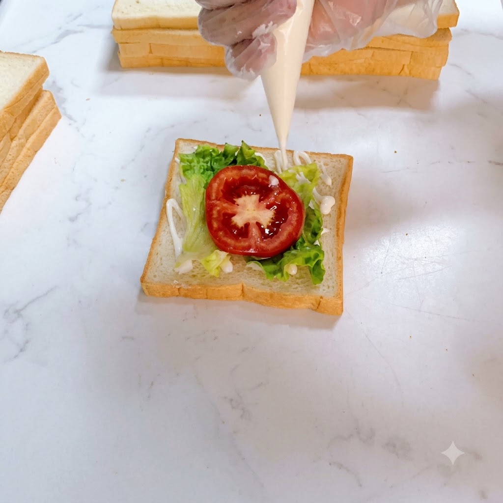 Salsa per insalata spremuta da una sac à poche su una fetta di pomodoro rosso poggiata sulla lattuga.