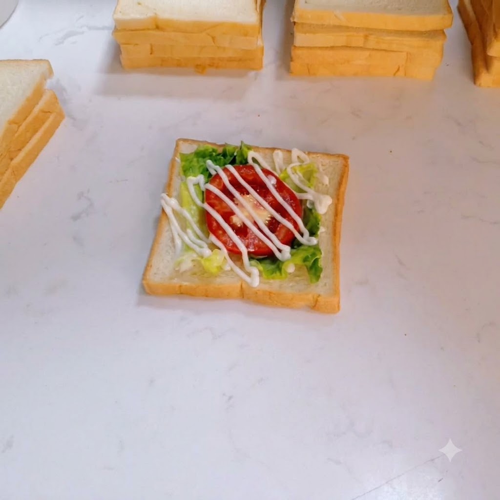 Una manciata di carne di maiale sfilacciata e soffice sparsa sullo strato di verdure condite.