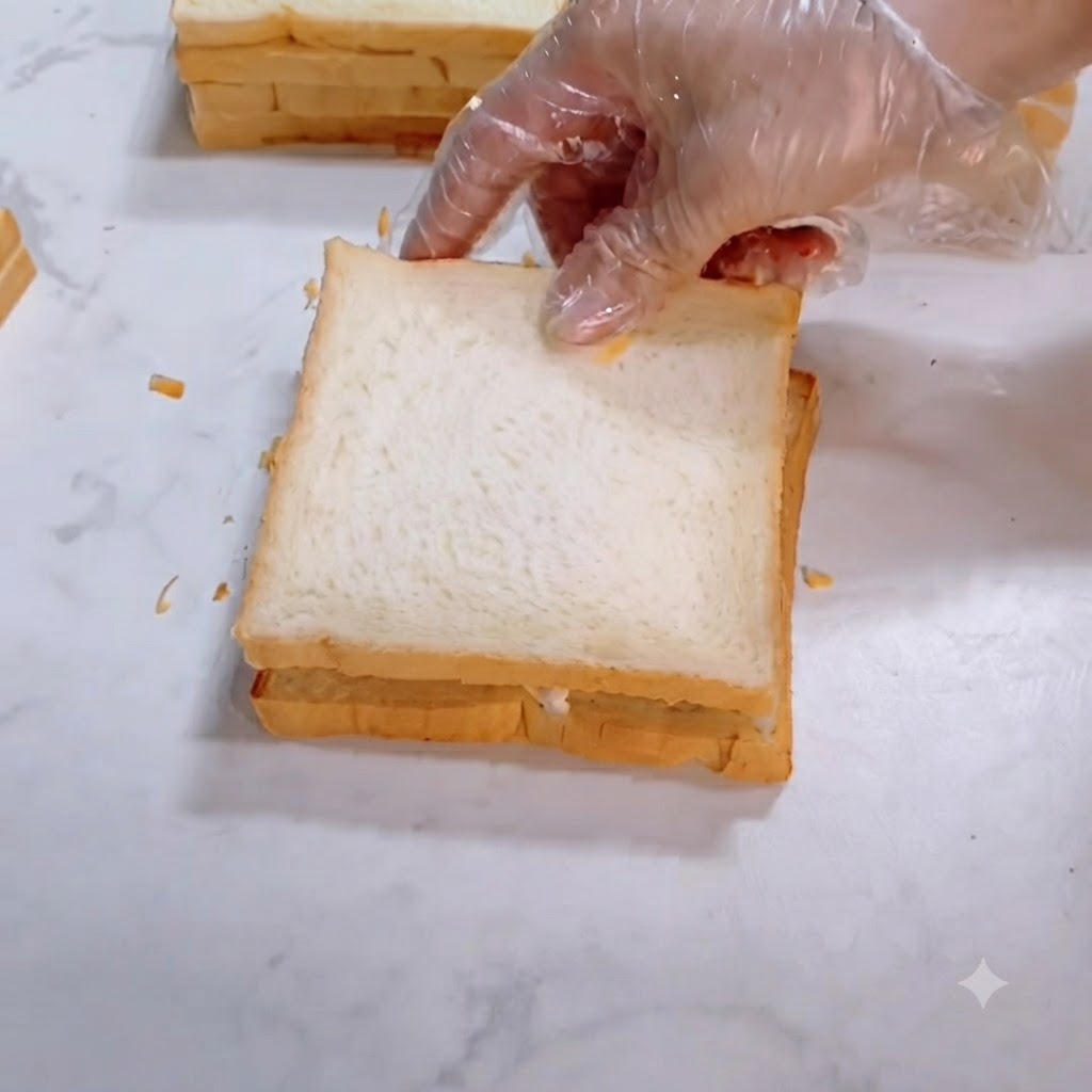 Una mano guantata che preme delicatamente una seconda fetta di toast sul ripieno del panino.