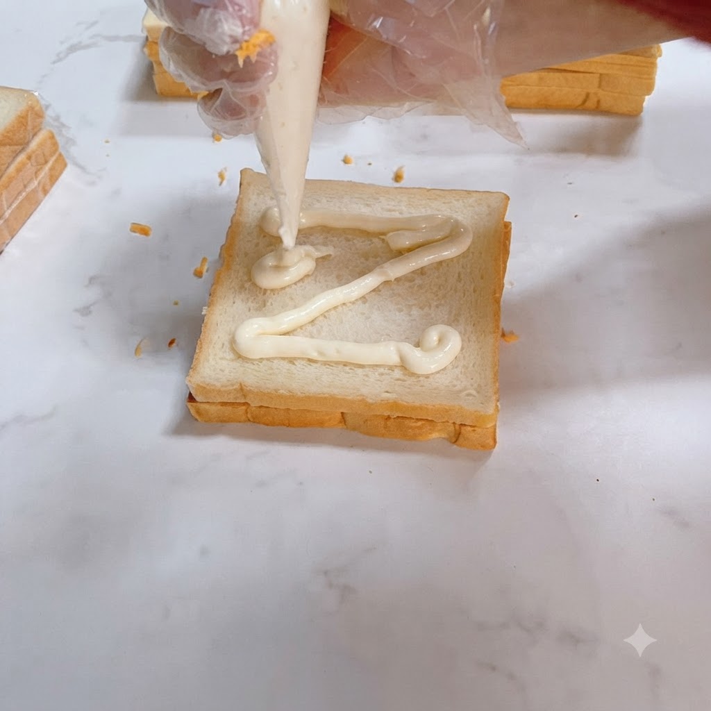 Salsa per insalata spremuta a motivo zig-zag su un pezzo di pane per sandwich.